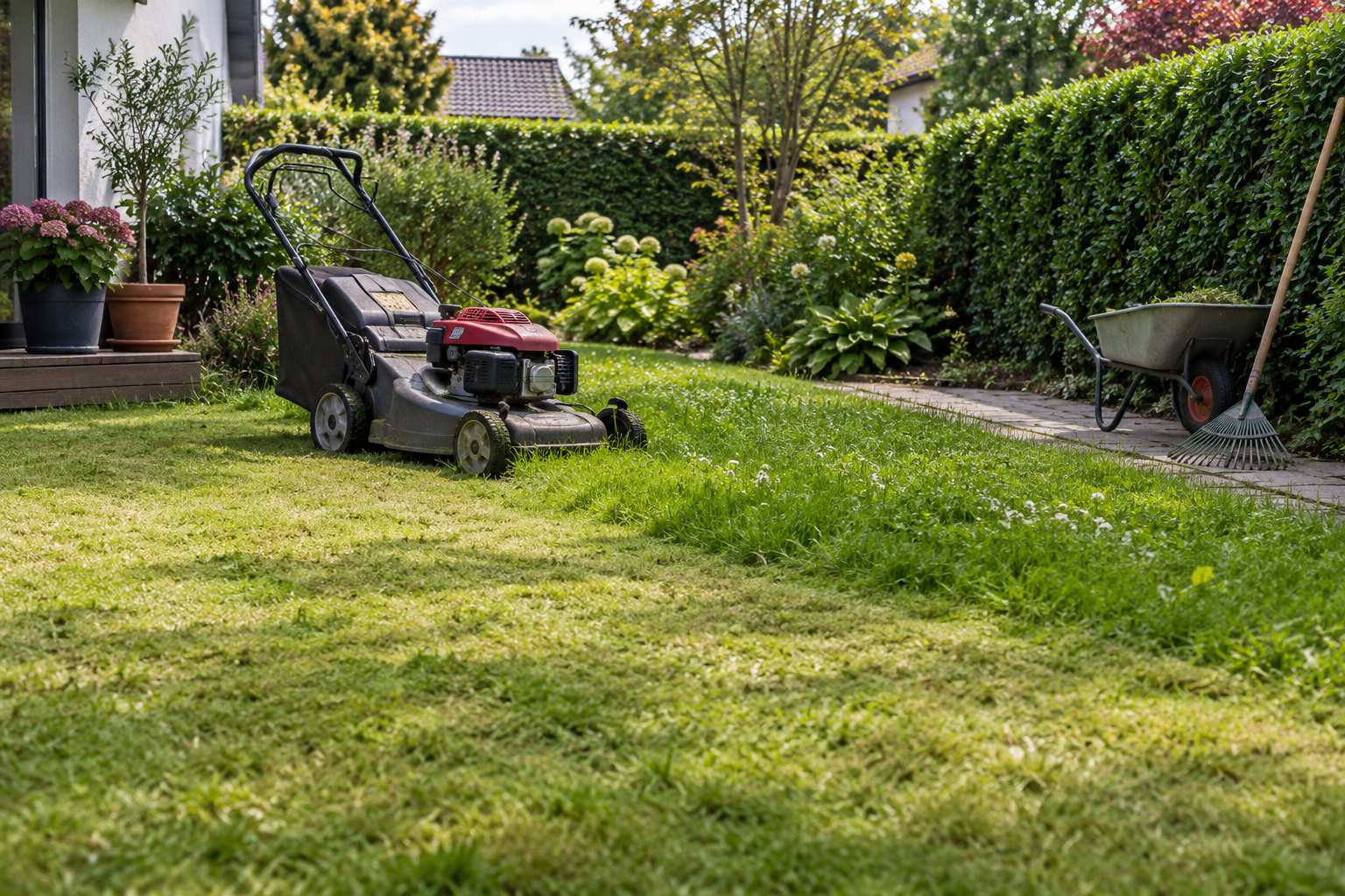 Rasenmäher und Gartengeräte in einem Garten
