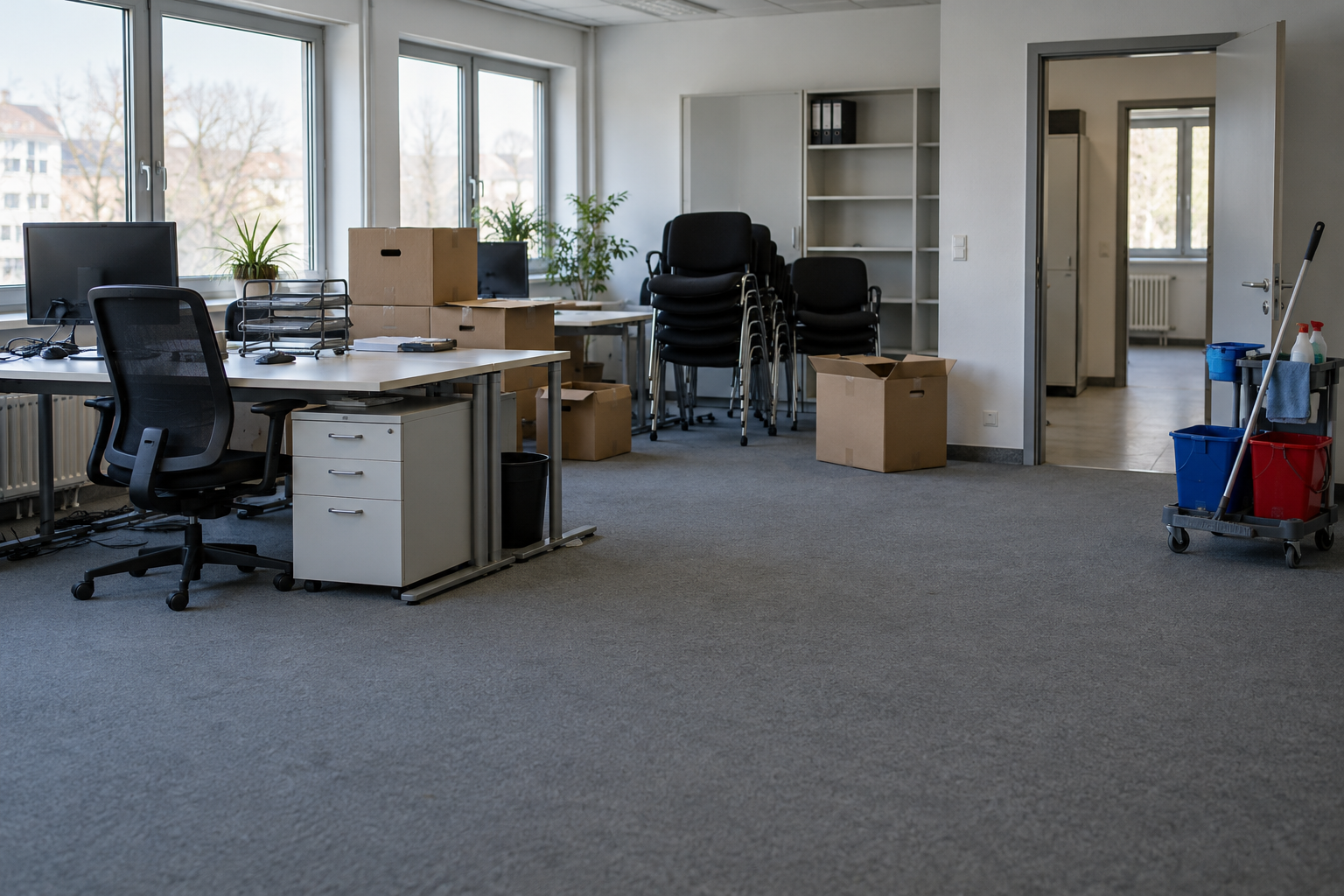 Büro mit Möbeln, Kartons und Reinigungsgeräten