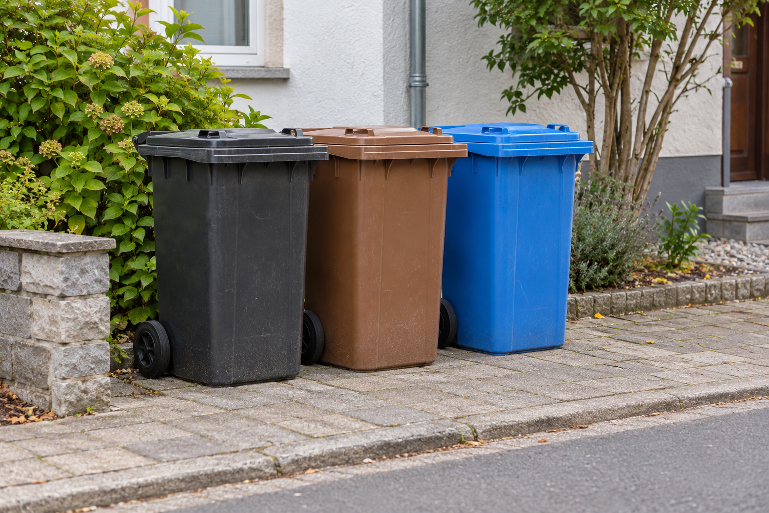 Mülltonnen am Straßenrand zur Abholung