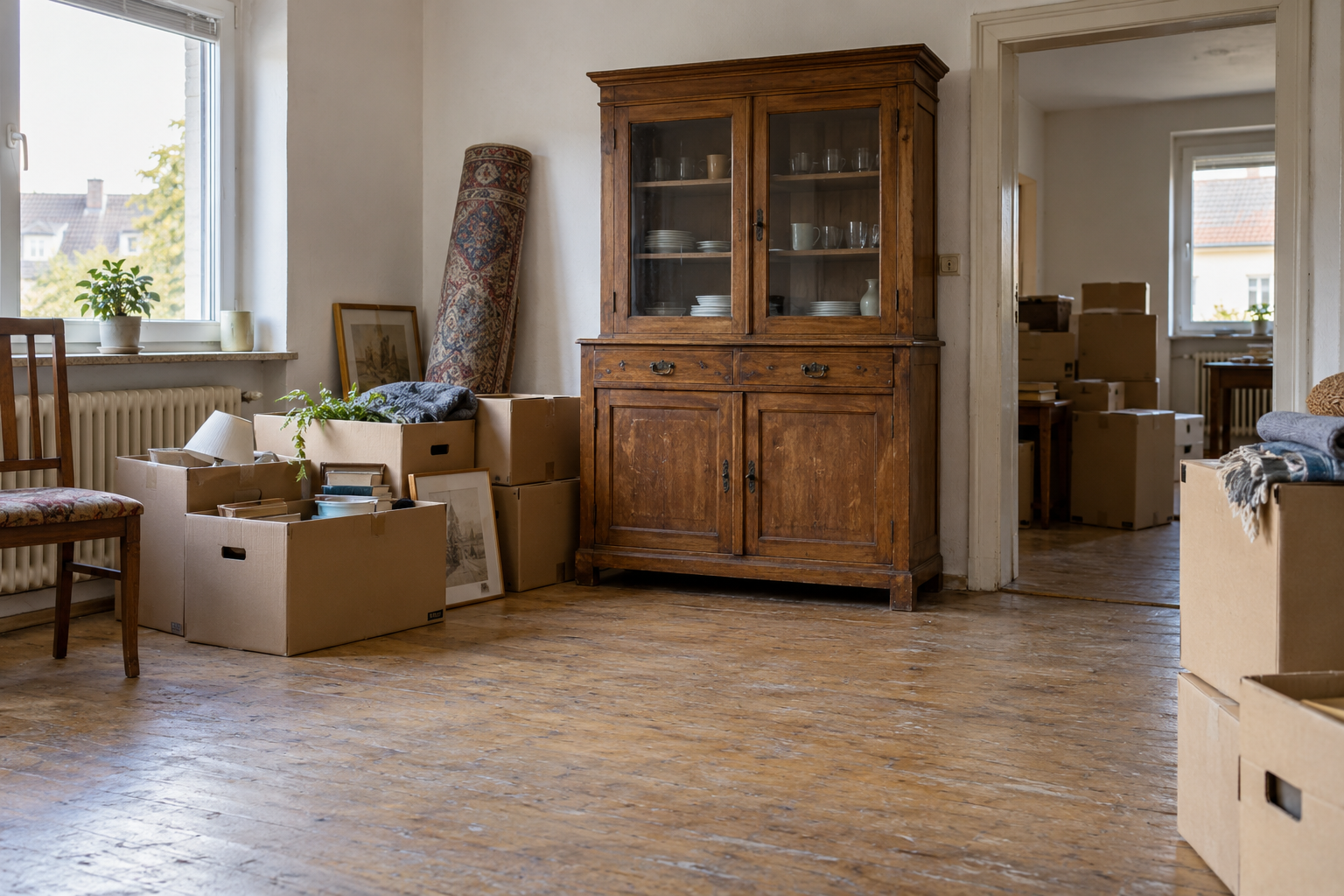 Wohnung mit gepackten Kartons und Möbeln während einer Räumung